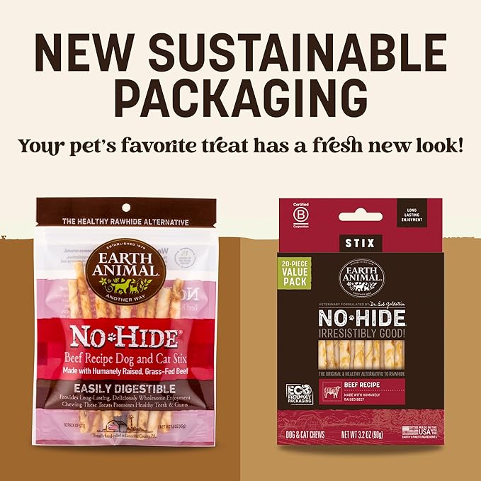 Earth Animal No Hide Stix - Long Lasting Rawhide Free Small Dog Chews Sticks, Beef - 80 Count Extra Value Pack