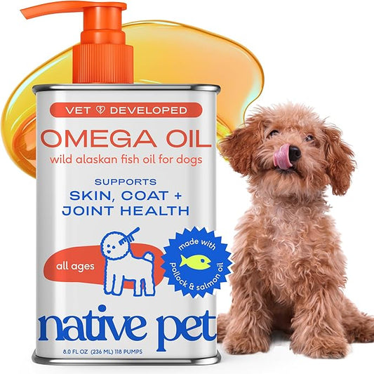 Native Pet Omega 3 Fish Oil for Dogs & Cats - Promotes Healthy Skin, Shiny Coat, & Strong Joints - Made with Wild Alaskan Salmon Oil for Dogs – Tasty, Fast-Absorbing Omega 3 6 9 Liquid Supplement- 8oz