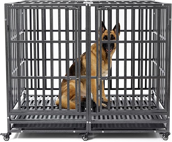 54 inch Heavy Duty Indestructible and Escape-Proof Dog Crate Cage Kennel for 1 XL or 2 Medium Dogs, Divider Panel, Removable Tray & Wheels, for High-Anxiety Dogs, Extra Large XL (Black)