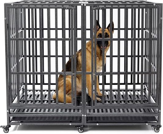 54 inch Heavy Duty Indestructible and Escape-Proof Dog Crate Cage Kennel for 1 XL or 2 Medium Dogs, Divider Panel, Removable Tray & Wheels, for High-Anxiety Dogs, Extra Large XL (Black)