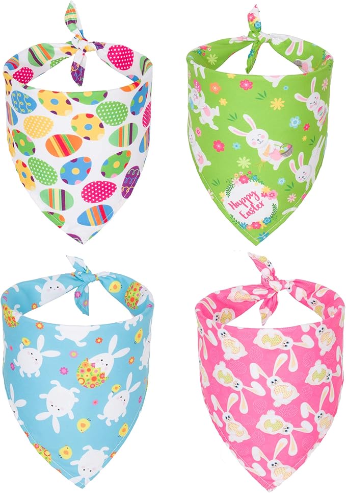 ADOGGYGO 4 Pack Easter Dog Bandana Triangle Dog Scarf Rabbit Easter Egg Pattern Pet Bandana for Medium Large Dogs Pets (Large)