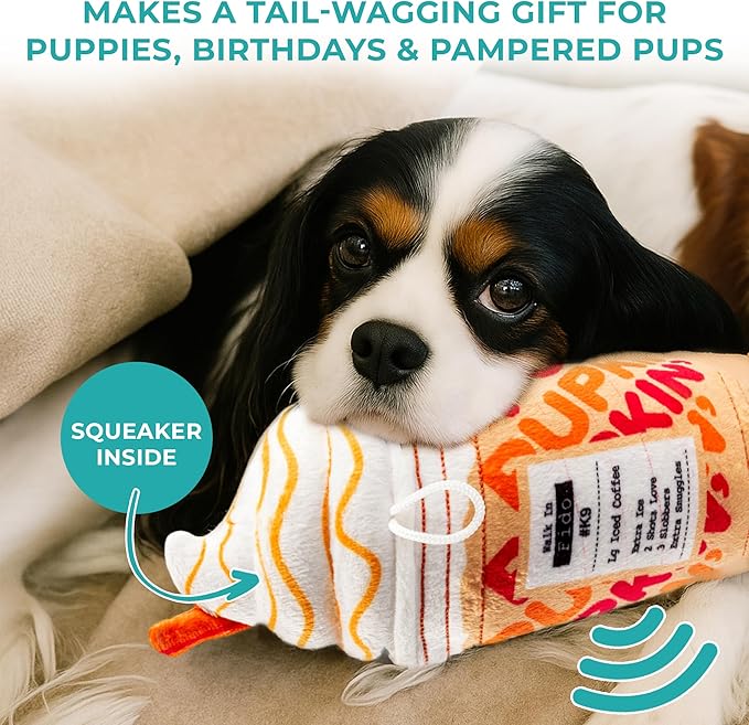 Haute Diggity Dog Pupkin' Donuts Iced Coffee Cup Plush Dog Toy for Small, Medium & Large Dogs, Interactive Funny Parody Squeaky Toys, Soft, Durable, Machine-Washable, & Safe Birthday Gift for Dogs