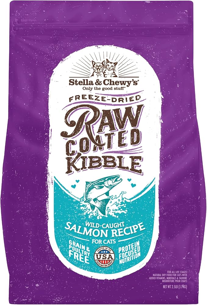 Stella & Chewy's Raw Coated Cat Food - High Protein, Grain-Free Kibble with Wild-Caught Salmon - Premium Digestive Support with Probiotics - Natural Small Kibble - Perfect For Picky Eater - 2.5lb Bag