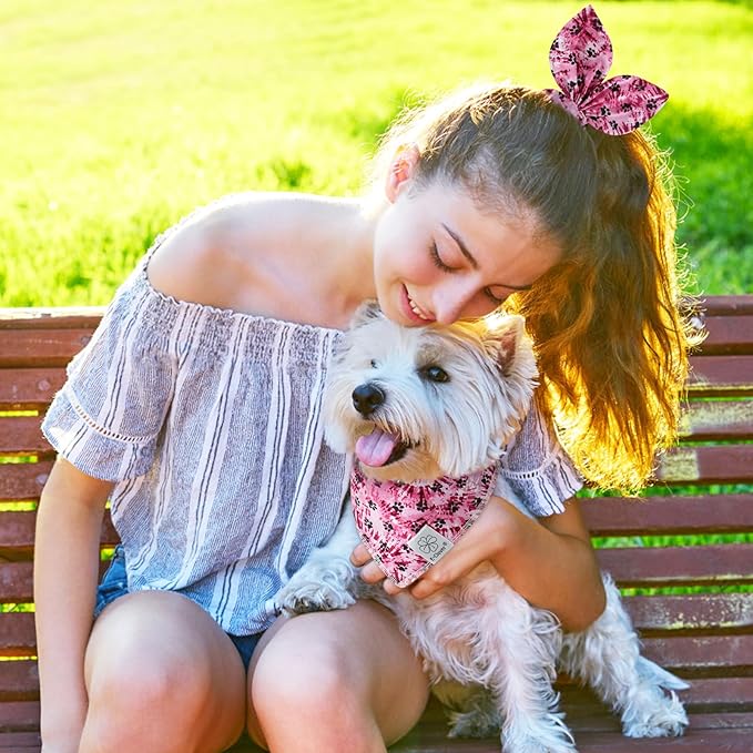 E-Clover Purple Dog Bandana & Matching Scrunchie Dog Paw Prints Pet Dog Scarf Cute Dog Costumes Accessories for Small Medium Large Dogs Lavender