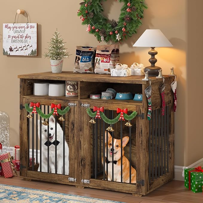 Furniture Dog Crate for Two Dogs, 41 Inch Furniture Style Dog Kennel with Removable Divider and Thickened Desktop, Heavy-Duty Base for Small to Medium Dogs, Rustic Brown