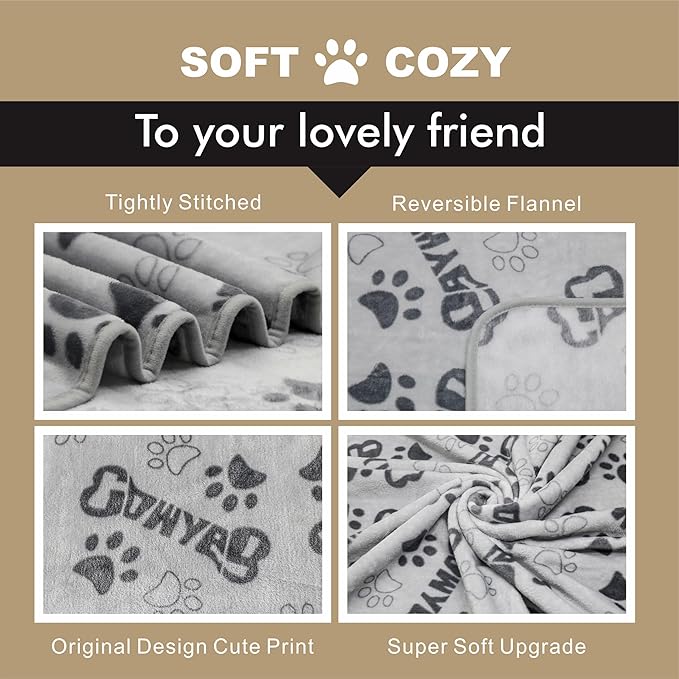 Large Dog Blanket, Soft Fleece Dog Blankets for Medium Dogs, 60X50 inches Fluffy Flannel Pet Cat Puppy Blanket Mat Cover for Bed Couch,Cute Flannel Bones and paw Print, Grey