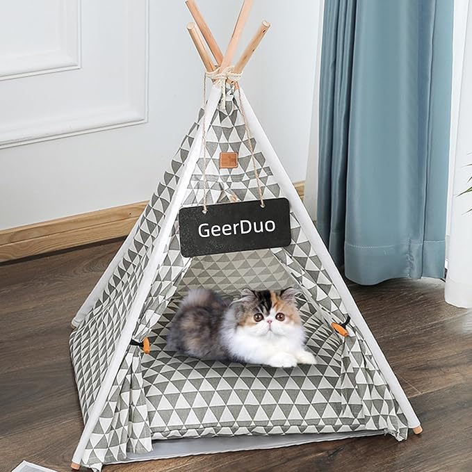 Pet Teepee, Portable Pet Tents for Small Dogs or Cats, Puppy Sweet Bed Washable Dog or Cat Houses with Cushion(Grey2,24in)