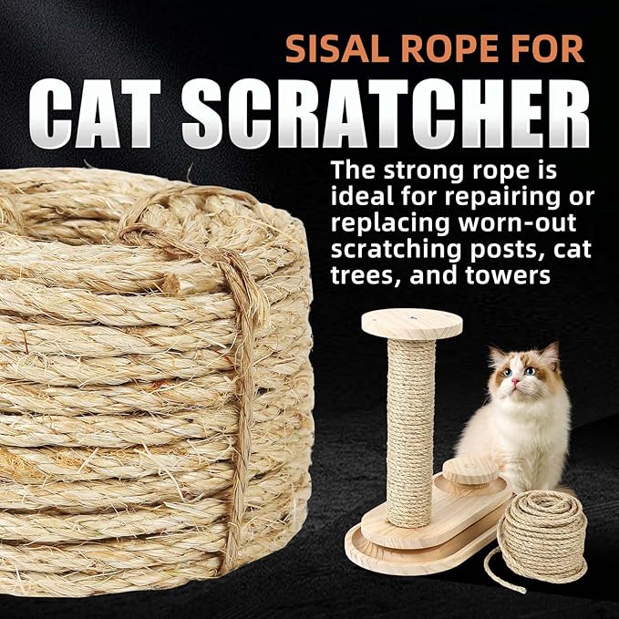 Twisted Sisal Rope 1/4" x 50ft - All Natural Chemical Free, Cat Tree Rope Twine for Scratching Post Repair, Replacement, and Crafts Gardening Home Decorating