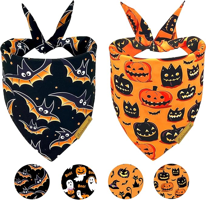 Halloween Dog Bandanas 2 Pack 4 Pattern Bat Pumpkin Pattern Bibs Reversible Washable Durable Fall Scarf Suitable for Small to X- Large Breed Dog Boy and Girl (X-Large)
