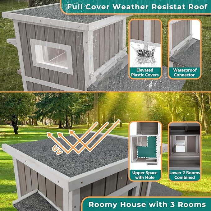 PetsCosset Cat Houses for Outdoor Cats Outside Feral Cat Shelter Weatherproof Wooden Cat Houses for 2-3 Cats with 3 Rooms 3 Escape Doors 2 Openable Asphalt Roofs