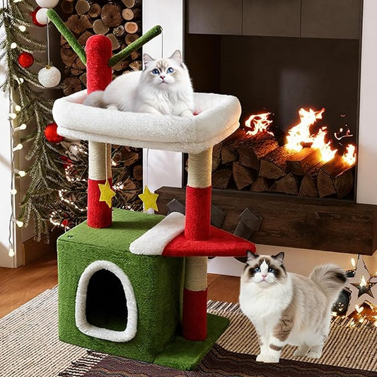 BYBYME 32" Christmas Cat Tree, Christmas Party Decoration for Cats, Sturdy Cat Furniture Set with Cat House, Hanging Toys, Scratching Sisal-Covered Posts（15.7 * 11.8 * 32in）