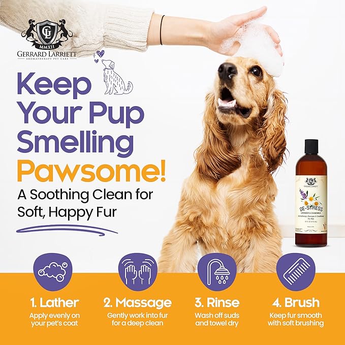 Dog Shampoo and Conditioner Aromatherapy Pet Bundle Set Itchy Skin Relief - De-Stress Dog Grooming Bundle with Dogs Calming Spray Scent Mist, and Pet Odor Eliminator Candle - Lavender & Chamomile