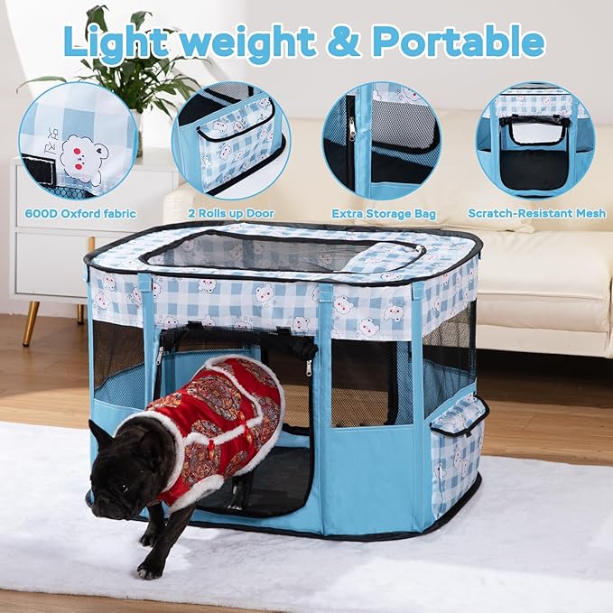 Portable Pet Playpen Cat Cages Indoor， 27.6" L x 21.7" W x 17.7" Collapsible Dog Crates Made of 600D Oxford Material Tent Kennel Playpen for Dogs Cat and Rabbit Travel Dog Playpen Indoor(S, Blue)