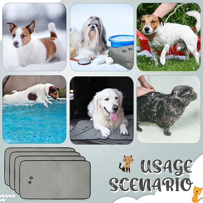 Tegeme 4 Pack Dog Towels for Drying Microfiber Soft Absorbent Pet Bath Towel Dog Drying Grooming Cloth with Embroidered Paw for Pet Cat Bathing Grooming(27.5 x 55 Inch,Gray)