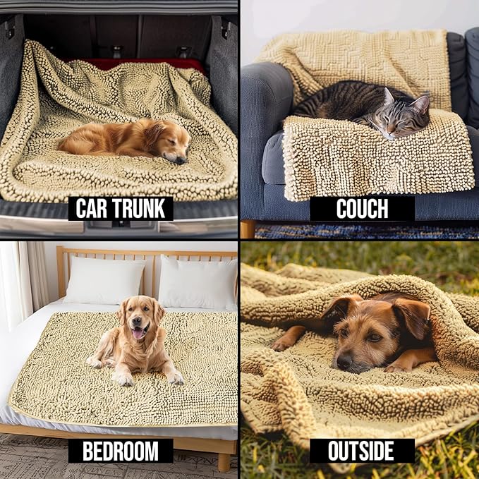 Muddy Mat® Dog Blanket - Chenille Water Absorption Blanket for Bed & Couch Cover for Dogs Washable, Anti-Slip Soft and Durable Furniture Protector for Dogs - Beige 52"x72"