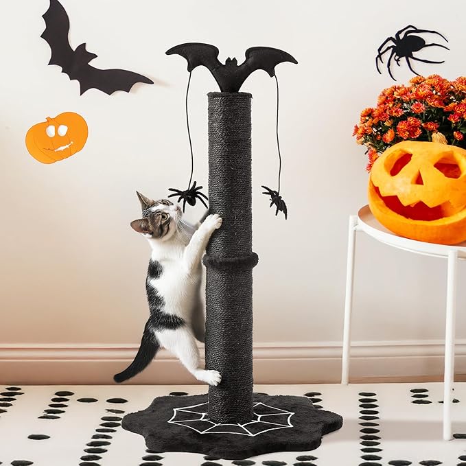 Gothic Cat Scratching Post, Sisal Cat Scratcher with Interactive Hanging Spider Toys, Monster Scratch Pole for Indoor Cats, Halloween Cat Scratch Post for Large Cats, Black