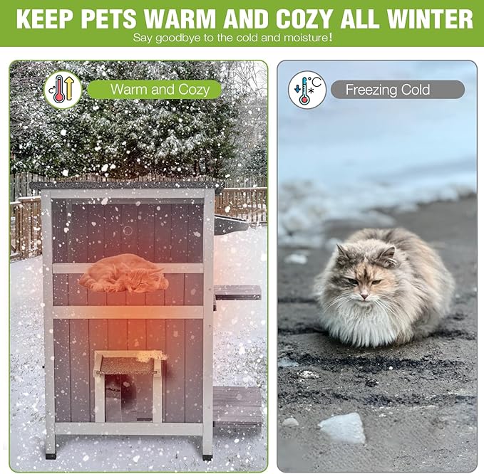 GUTINNEEN Extra Large Heated Cat House Outdoor 2-Story Insulated Cat House Weatherproof Feral Cat Shelter with Thermostat-Controlled Heating Pad, 6-Sided Thermal Liner for 1-4 Stray Barn Cats