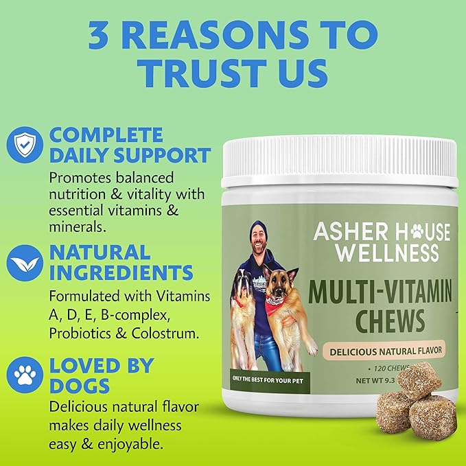 Asher House Wellness Dog Multivitamin Chews - Dog Vitamins and Supplements, Soft Chew for Pet Dogs with Probiotics, Flaxseed, Colostrum - Comprehensive Health Support from Puppy to Senior, 120 Chews