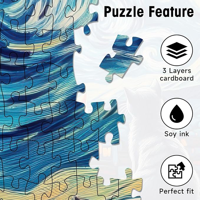 Cat Jigsaw Puzzle 1000 Pieces for Adults – Van Gogh Starry Night Art Puzzles, Difficult 1000 Piece Puzzle with Letters on Back, Premium Chunky Paper Fit, Gift for Game Night, Travel, Birthday