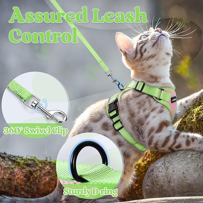 rabbitgoo Cat Harness and Leash Set, Escape Proof Soft Adjustable Vest Harnesses for Outdoor Walking, Easy Control Breathable Kitten Jacket with Reflective Strips, Pink & Light Green, XS