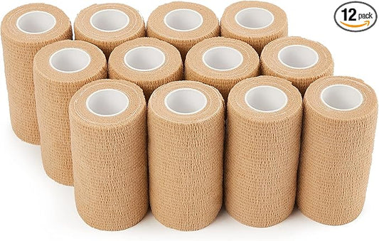 PHYTOP Self Adhesive Bandage Wrap 4 inches x 5 Yards, 12 Pack of Cohesive Tape for First Aid, Sports, Wrist and Ankle, Also for Horses & Dogs as Vet Wrap (Beige)