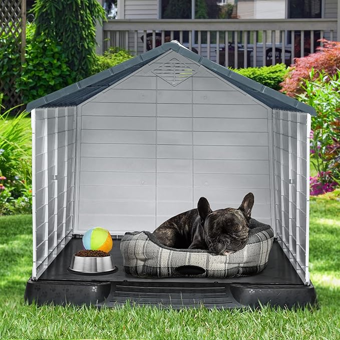 YITAHOME Plastic Dog House, Waterproof Indoor Outdoor Doghouse for Large or Small Dog, with Air Vents and Elevated Floor, Easy Assemble and Clean