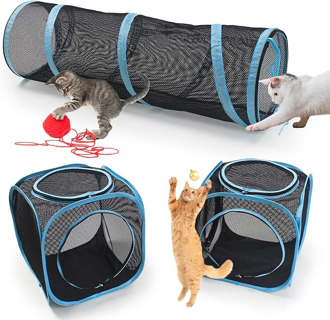 INTURN Cat Furniture Tent for Indoor and Outdoor Playpen Portable Cat Tunnels, Outdoor Kennel (2 Cube + Tunnel)