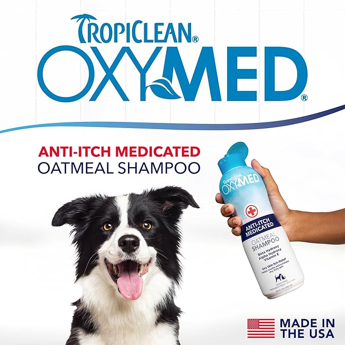 TropiClean OxyMed Dog Shampoo for Allergies and Itching , Medicated Oatmeal Shampoo for Dry Itchy Skin, Seborrhea, & Hot Spots, Cat Safe, 20oz.