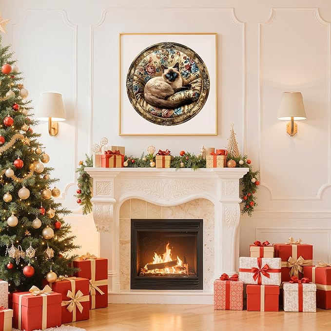 Wooden Puzzles for Adults - Vintage Siamese Cat Wooden Jigsaw Puzzle, Unique Animal Shaped Wood Puzzles Adult, Christmas Birthday Gifts for Friends/Family, Home Decor 13.4 * 13.4in 300pcs