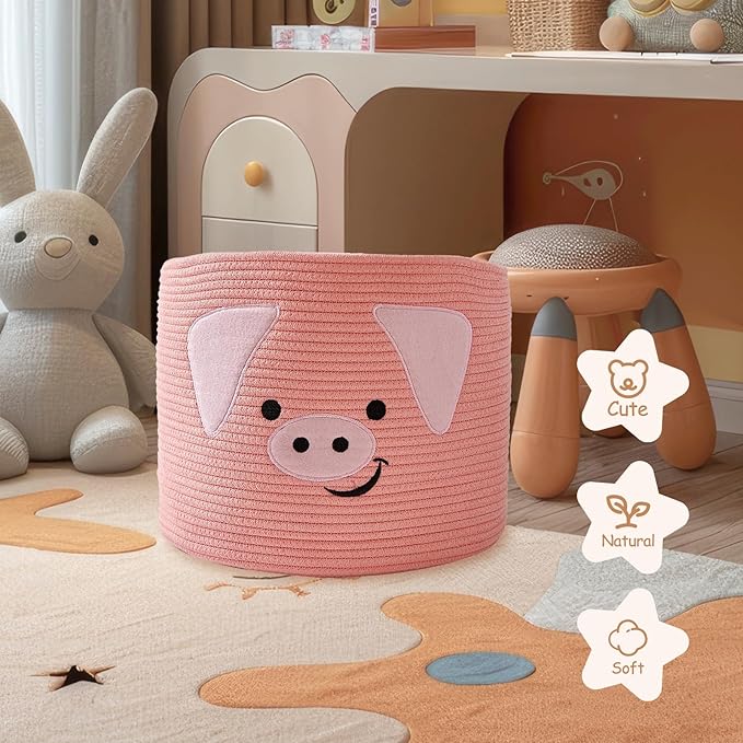 OMERAI Animal Baskets Cotton Rope Woven Storage Basket for Toys Blankets Laundry Nursery, Large Foldable Organizer with Cute Pig Design and Handles, 15"D x 12.6"H (Pink)