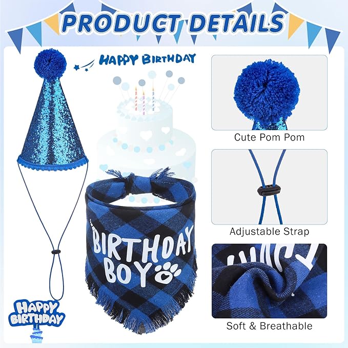 SCENEREAL Dog Birthday Party Supplies, Dog Birthday Bandana Hat Toy Bow Tie Collar Set with Birthday Numbers, Puppy Pet Birthday Scarf Accessories Outfit Decorations for Boy Girl Small Dogs, S