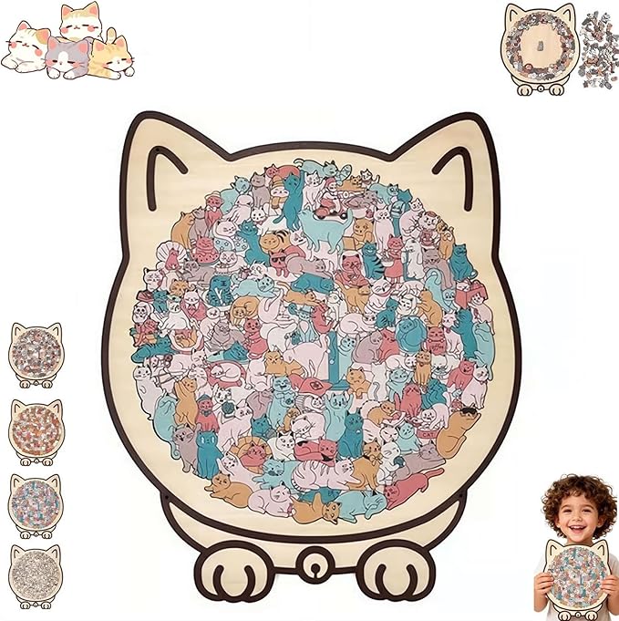 135-Piece Cat Shaped Wooden Jigsaw Puzzle - Mailard/Macaron/Wooden/Morandi-Colored Wood Puzzle, Cute Animal Cats Wood Puzzles Gift for C-at Lovers Home & Relaxation (Macaron)