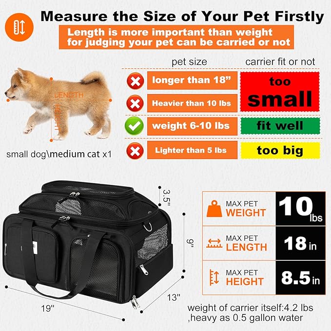 19x13x9 TSA Approved top Expandable pet Carrier for Small Dog Puppy cat up to 10 lbs Weight and 18'' Length, for Southwest Spirit Canada Airlines(Black)
