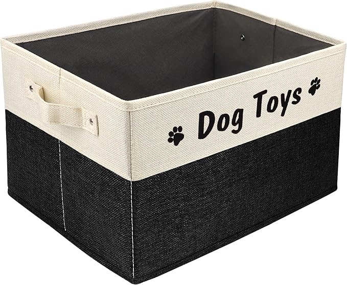 PET ARTIST Dog Toy Basket, Foldable Dog Toy Bin Box for Living Roon Area, Collapsible Storage Basket with Comfortable Handles for Pet Coat, Accessories, Black, 15"x11"x9"