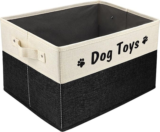 PET ARTIST Dog Toy Basket, Foldable Dog Toy Bin Box for Living Roon Area, Collapsible Storage Basket with Comfortable Handles for Pet Coat, Accessories, Black, 15"x11"x9"