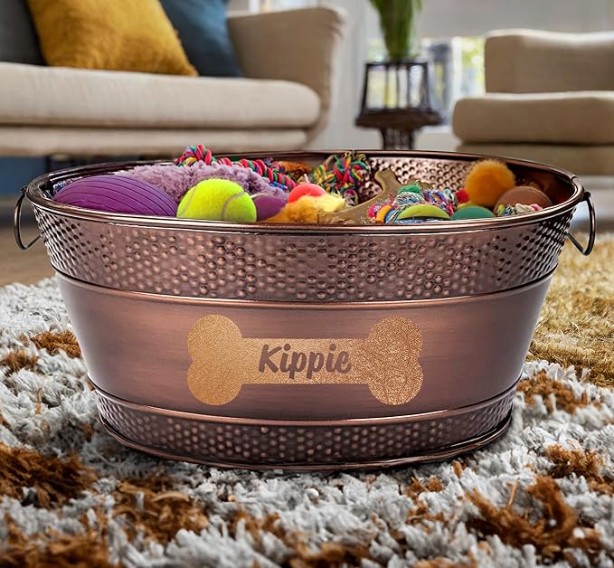 Personalized Metal Dog Toy Bin - Copper Galvanized Storage Bin with Handles, Basket for Pet Toys, Dog Toy Box, Pet Storage - Custom Dog Name Gift