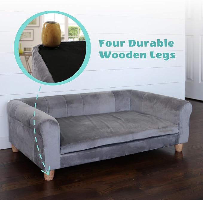 Critter Sitters 42-In. Elegant Gray Faux-Velvet Rectangular Large Dog Bed for Medium and Large Dogs, Durable Elevated Dog Beds, Comfortable Dog Couch, Modern and Stylish Plush Sofa for Dogs