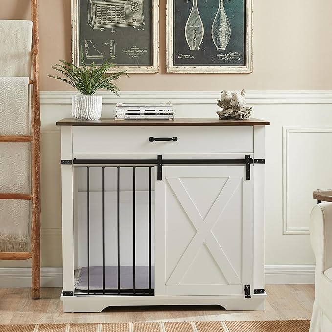 37.8" Dog Crate Furniture - Indoor Wooden Dog Kennel Furniture with Sliding Barn Door and Storage Drawer, White
