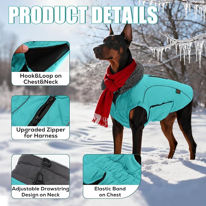EMUST Winter Dog Coat for Medium Boys - Thick Clothes with Harness Hole for Cold Weather - Turquoise, M