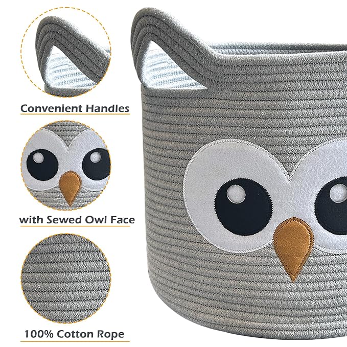 VK VK·LIVING Owl Storage Basket for Gift Foldable Cute Nursery Animal Toy Basket with Handles, Large Cotton Rope Baby Laundry Storage Organizer for Blanket Towels in Living Room Bedroom 15"Lx14"H
