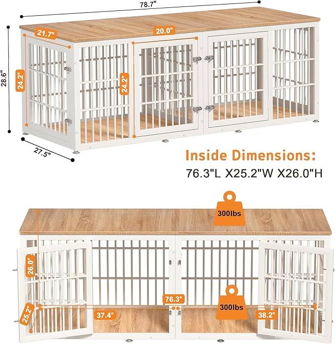 78 Inch Double Dog Crate Furniture, Heavy Duty Extra Large Cage Furniture with Divider for 2 Dogs, Decorative Wooden Kennel Indoor, Pet House for Large and Medium Dogs, White