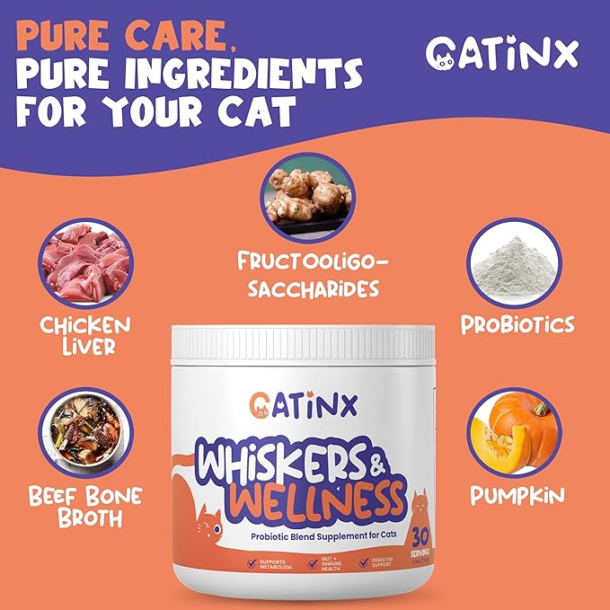 Whiskers & Wellness Probiotic Blend - Digestive Support for Cats, Metabolic Health, Gut Balance, and Immune Boost | 7 Billion CFUs, Pumpkin, Chicken Liver, and Cat Prebiotics