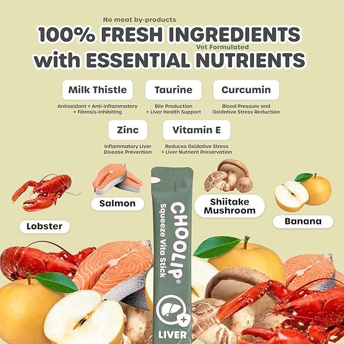 Choolip Squeeze Vita Stick Lickable Cat Treats & Dog Puree – 7-Count Liver Support Tubes, Creamy Grain-Free High-Protein Puree with Milk Thistle, Vitamin E & CoQ10 for Liver Health & Detox Support