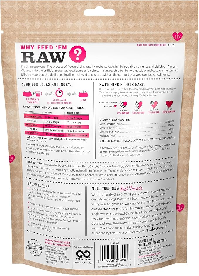I AND LOVE AND YOU Stir and Boom Dehydrated Freeze Dried Raw Dog Food - Beef - Grain Free, Real Meat, No Fillers, 1lb Bag