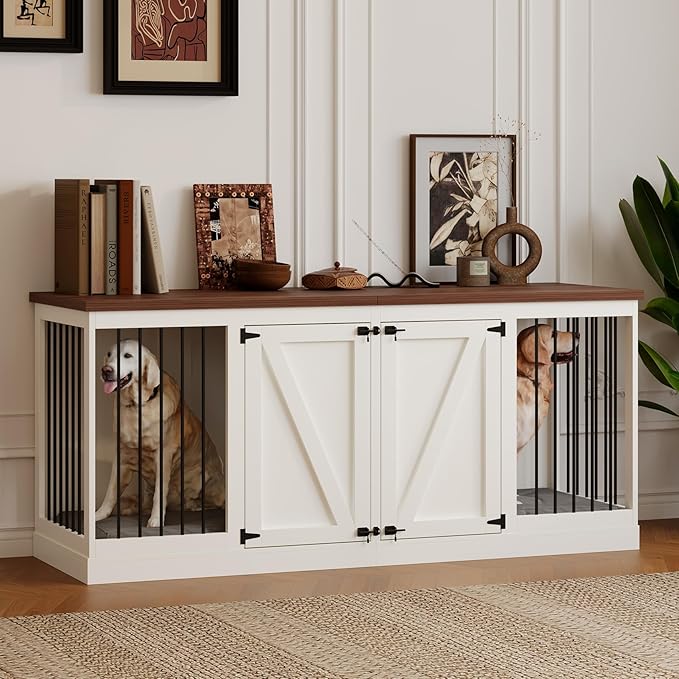 Dog Crate Furniture - Indoor Wooden Dog Kennel Furniture with Room Divider - 71"x23.6"x31.5"H, White