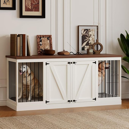Dog Crate Furniture - Indoor Wooden Dog Kennel Furniture with Room Divider - 71"x23.6"x31.5"H, White