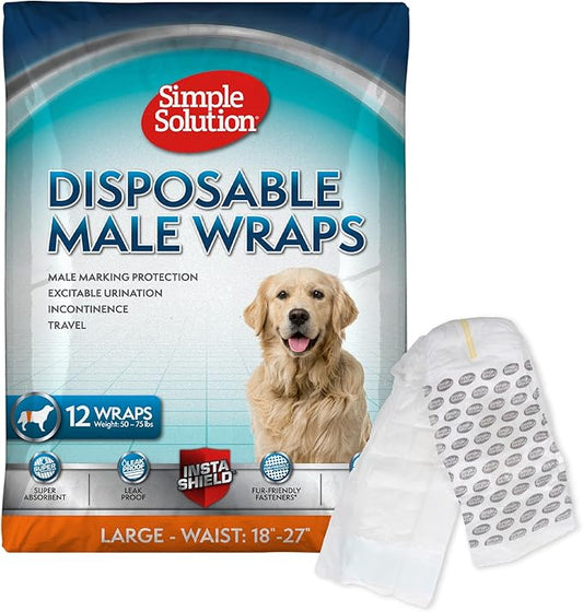 Simple Solution Disposable Dog Diapers Wraps for Male Dogs, True Fit, Absorbent, Leak Proof with Wetness Indicator, Puppy and Doggie Diaper for Peeing, For Large Pets, 18-27 Inch Waist, 12 Count