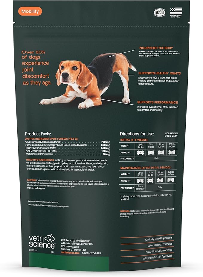 VetriScience Healthy Hip & Joint, GlycoFlex 2 for Dogs – Vet Formulated Glucosamine, MSM & Green-Lipped Mussel Soft Chew to Support Mobility, Flexibility & Joint Health, Chicken Flavor Chew, 120 Cnt