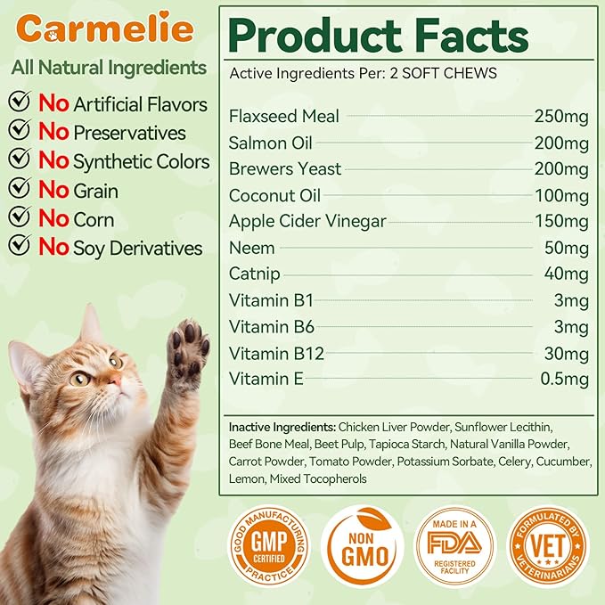 Flea and Tick Treatment for Cats - 200 Chews Flea and Tick Prevention for Cat Chewables - Flea Treatment for Cats All Breeds & Ages - Natural Cat Fleas and Ticks Defense - Chicken Flavor