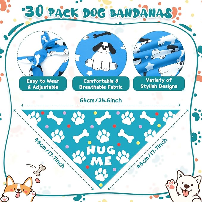 30 Pack Dog Bandanas Bulk – Dog Grooming Scarves, Assorted Colors Reversible Triangle Bibs for Small Medium Large Dogs – Washable Puppy Scarf Set for Pet Grooming, Daily Wear, Party
